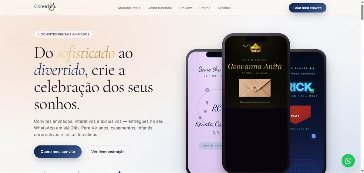 Página inicial da Convida&u com convites digitais animados em celulares