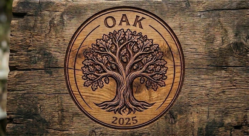 Emblema do Oak entalhado em madeira: uma árvore de carvalho com bolotas dentro de um círculo