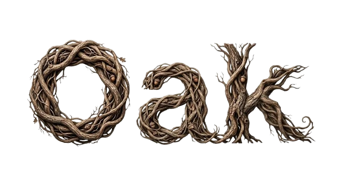 Logotipo do Oak, letras feitas de galhos de carvalho